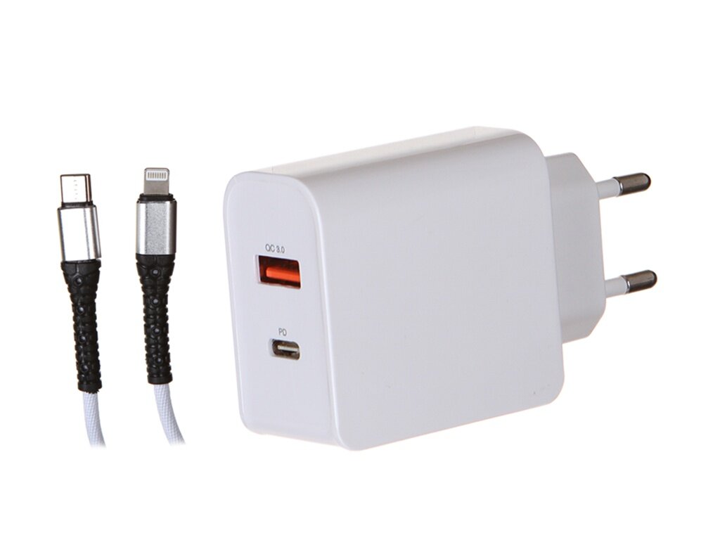 Сетевое зарядное устройство Red Line Tech USB + Type-C (модель PD-30), 3A, QC3.0 + PD30 + кабель PD Lightning, белый