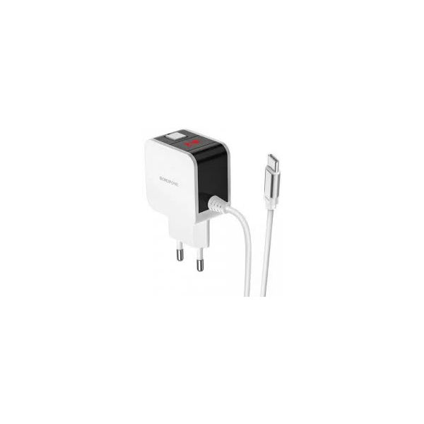 Сетевое зарядное устройство Borofone BA41A Power Lake, 2USB, с экраном, встроенный кабель Micro-USB, белый (25837)