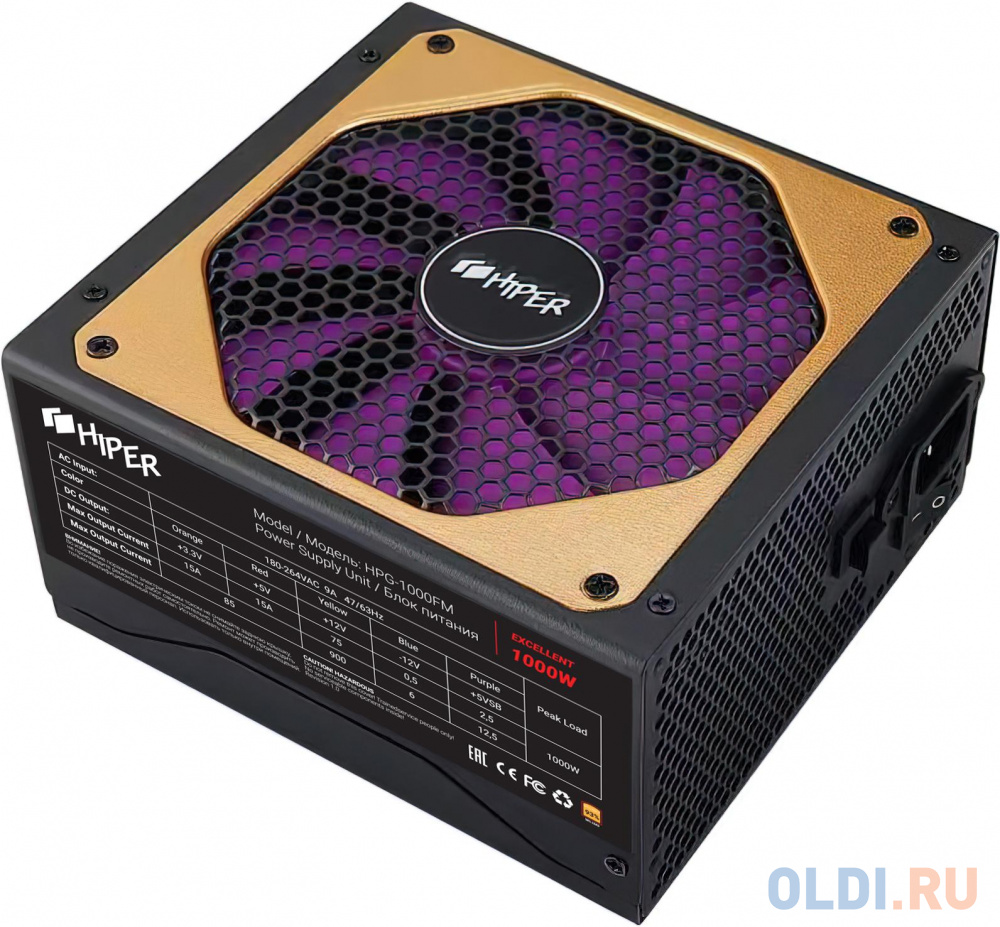 блок питания для ПК 1000 Ватт/ PSU HIPER HPG-1000FM (1000W 80+Gold, 14cm Fan, 220V input, Efficiency 90%, Modular, Black) BOX