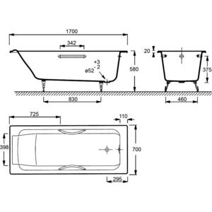 Чугунная ванна Jacob Delafon Parallel 170x70 с отверстиями для ручек (E2948-00)