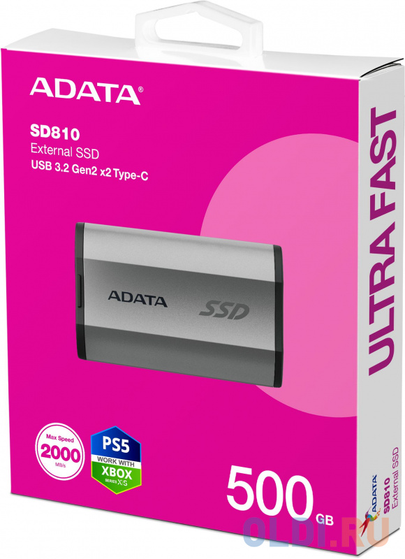 Твердотельный диск 500GB A-DATA SD810, External, USB 3.2 Type-C, [R/W -2000/2000 MB/s] серый