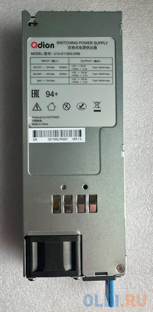 Блок питания серверный/ Server power supply Qdion Model U1A-D11600-DRB P/N:99MAD11600I1170311 CRPS 1U Module 1600W Efficiency 80 Plus Platinum, Gold F