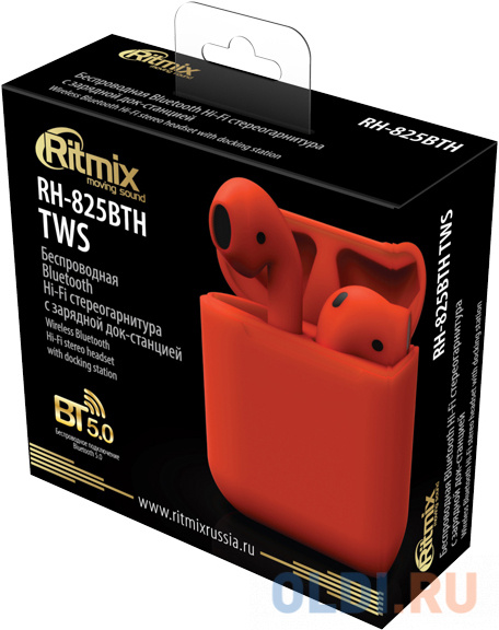 RITMIX RH-825BTH TWS red {Bluetooth 5.0 + EDR, сенсорное управление, 12 мм, 20-20000 Гц, 32 Ом, 35 мАч (наушники), 350 мАч}