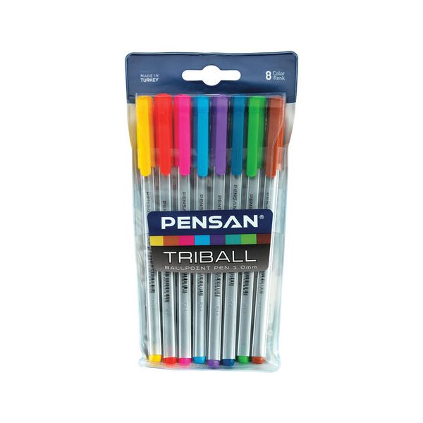 Ручки шариковые масляные PENSAN "Triball Colored", НАБОР 8 шт., АССОРТИ, узел 1 мм, линия письма 0,5 мм, 1003/PVC8