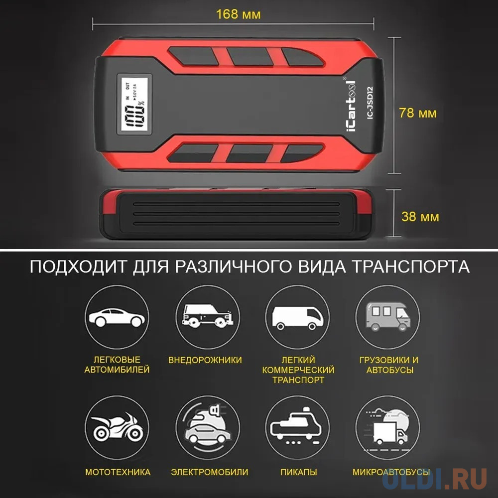 iCarTool Пусковое устройство 12В, 12 000 мАч, 500/800А IC-JSD12