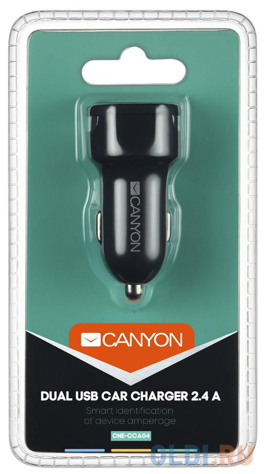 Автомобильное зарядное устройство CANYON Universal 2xUSB car adapter, Input 12V-24V, Output 5V-2.4A, with Smart IC, black rubber coating with silver e в Москвe