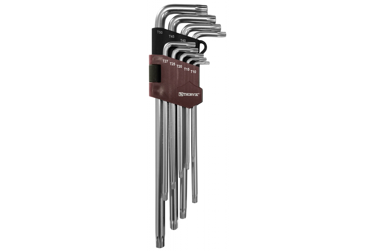 Набор ключей имбусовых удлиненных TORX с центрированным штифтом , S2 сталь, ключи: имбусовые - 9шт., пластиковый держатель, Thorvik TTKL9S (53160)