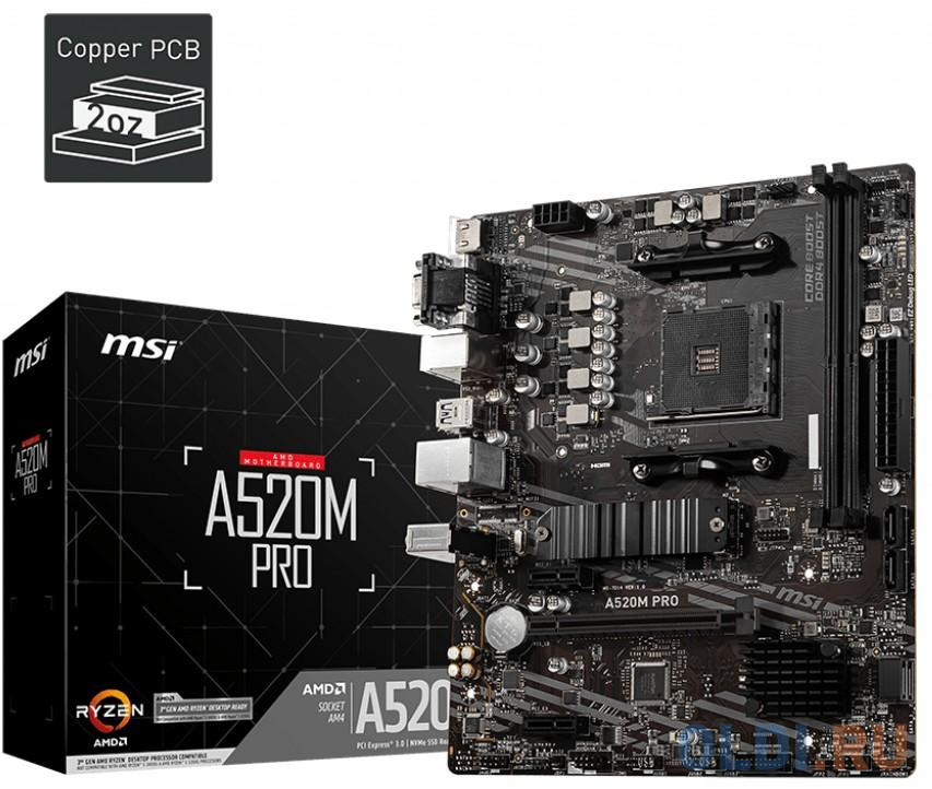 Материнская плата MSI A520M PRO Socket AM4 AMD A520 2xDDR4 1xPCI-E 16x 2xPCI-E 1x 4 mATX Retail в Москвe