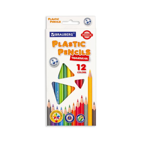 Карандаши цветные пластиковые BRAUBERG PREMIUM, 12 цветов, трехгранные, грифель мягкий 3 мм, 181661 (12 шт.)