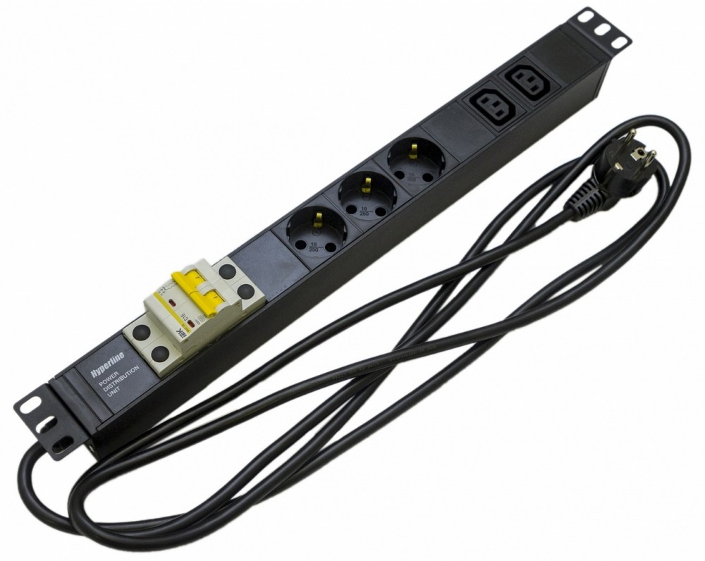 Блок розеток, кол-во розеток: 5 (3xЕвро/2xC13), черный, выключатель, кабель питания 2.5 м, Hyperline (SHE19-3SH-2IEC-B-2.5EU)