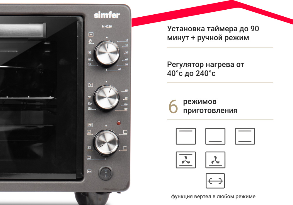 Мини-печь Simfer M4226 серия Albeni Plus, 6 режимов работы, 2 противня, конвекция, вертел в Москвe