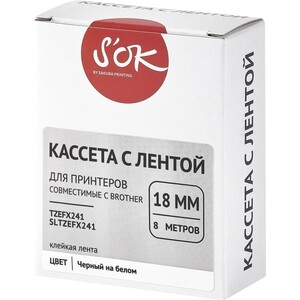 Кассета с лентой S'OK TZEFX241 для Brother, черный на белом, 18мм/8м