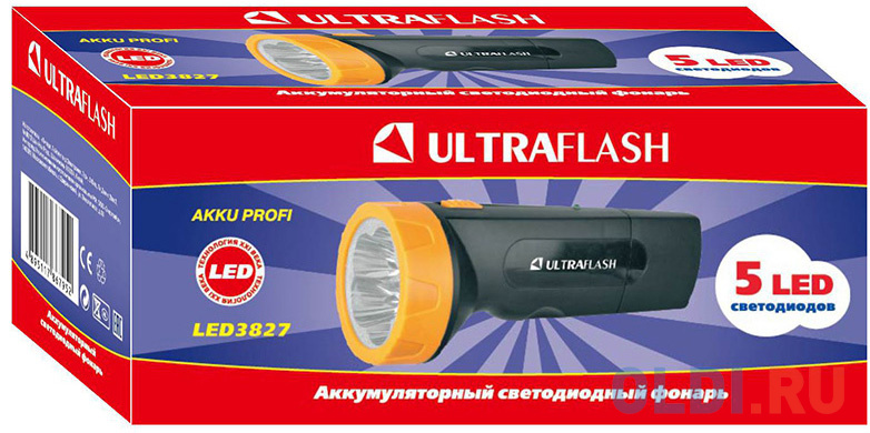 Ultraflash LED3827   (фонарь аккум 220В, черн /желт, 5 LED, SLA, пластик, коробка)