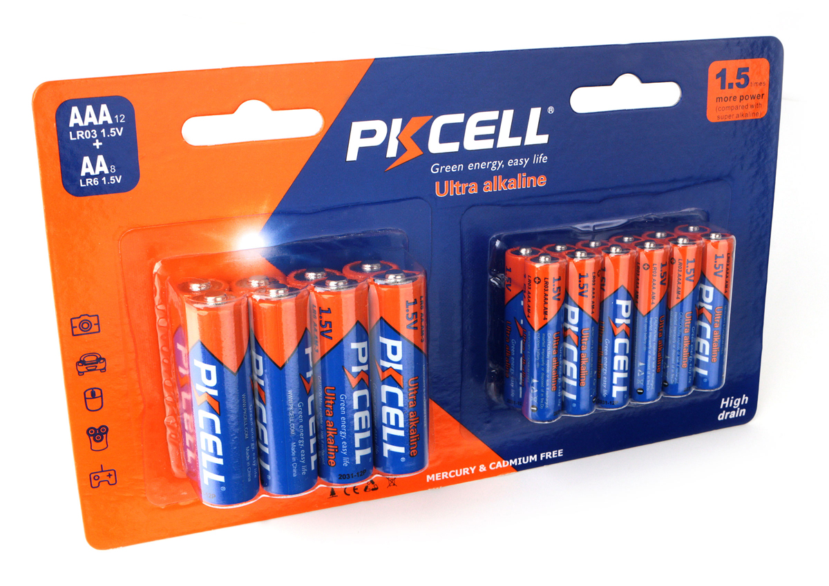 Батарея PKCELL LR03(12)+LR6(8), AAА 12 шт + АА 8 шт, 1.5V, 20шт