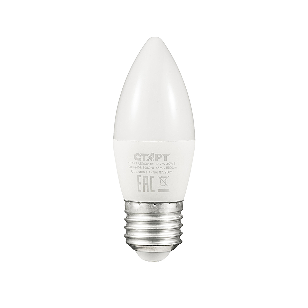 Лампа светодиодная E27 свеча, 7 Вт, 3000 K / теплый свет, 560лм, 220 В, СТАРТ (4610116202845)