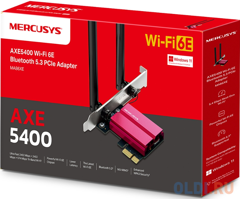 Mercusys MA86XE AXE5400 Tri-Band Wi-Fi 6E Bluetooth PCI Express Adapter, 2402 Mbps at 6 GHz + 2402 Mbps at 5 GHz + 574 Mbps at 2.4 GHz, 2? High Gain T