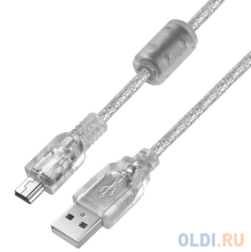 Greenconnect Кабель PROF 5.0m USB 2.0, AM/mini 5P, прозрачный, ферритовые кольца, 28/24 AWG, экран, армированный, морозостойкий, GCR-UM1M5P-BD2S-5.0m