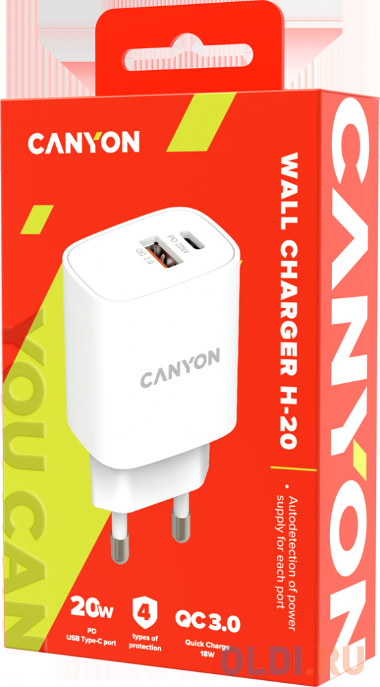 Зарядное устройство Canyon CNE-CHA20W04 3 А USB USB-C белый