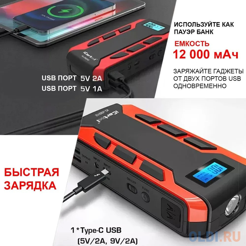 iCarTool Пусковое устройство 12В, 12 000 мАч, 500/800А IC-JSD12