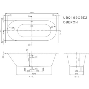 Ванна квариловая Villeroy Boch Oberon 190x90 см белая с ножками (UBQ199OBE2V-01)