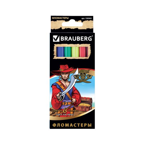 Фломастеры BRAUBERG Корсары, 6 цветов, вентилируемый колпачок, картонная упаковка с золотистым тиснением, 150563, (12 шт.)