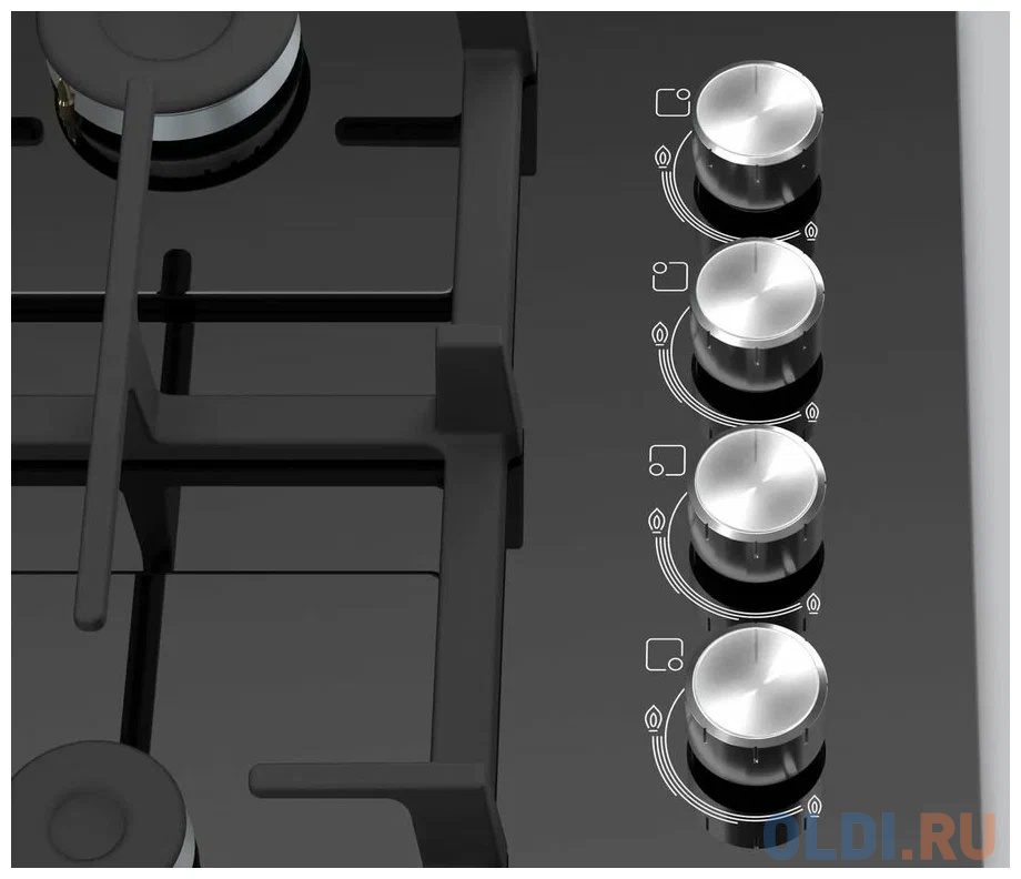 Serie 2, газовая варочная панель, 60см, закаленное стекло, черный, 4 конфорки, 1 конфорка повышенной мощности, индивидуальные чугунные решетки, газ-ко