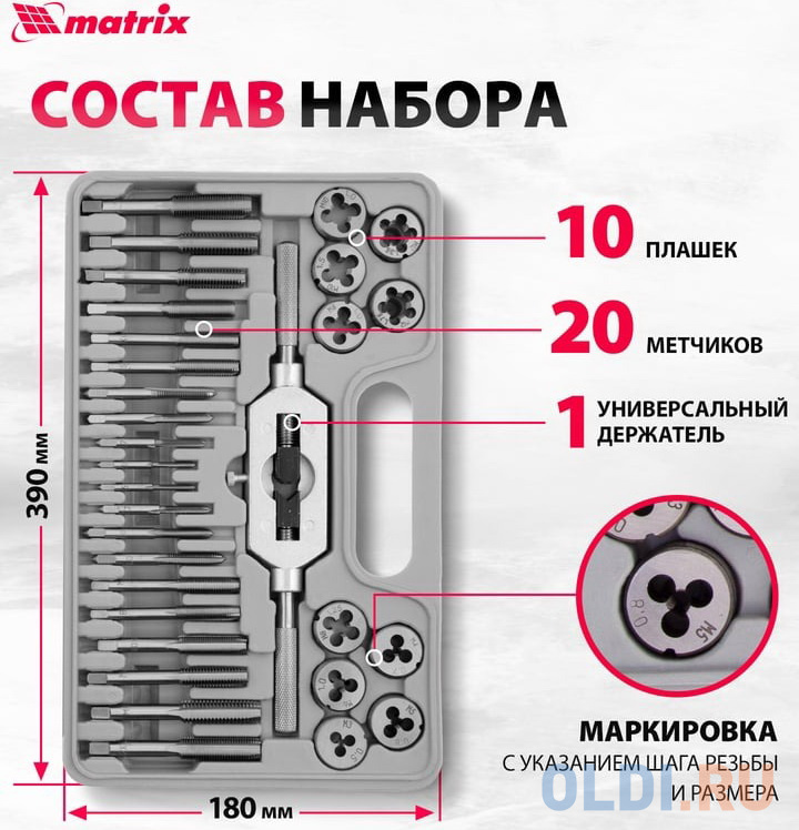 Набор метчиков и плашек М3 - М12, 31 предм.// Matrix в Москвe