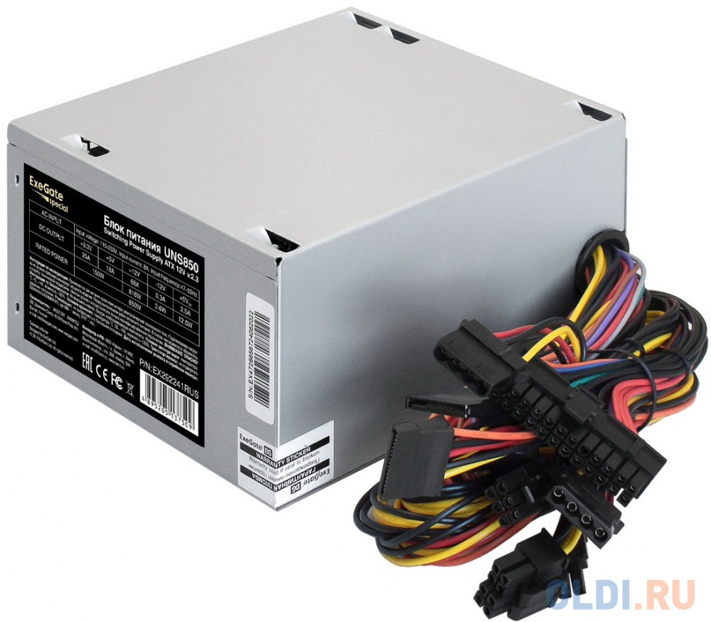 Блок питания 850W ExeGate UNS850 (ATX, 12cm fan, 24pin, 2x(4+4)pin, 2xPCI-E, 5xSATA, 3xIDE, кабель 220V в комплекте)