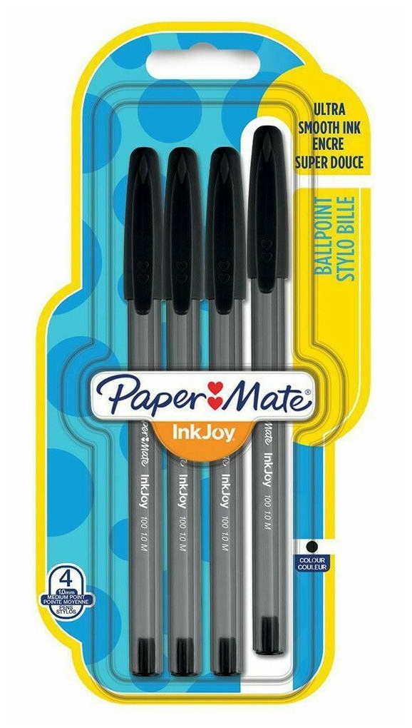 Набор ручек Paper Mate INKJOY 100, черный, 4шт., пластик, колпачок, блистер (1956714)
