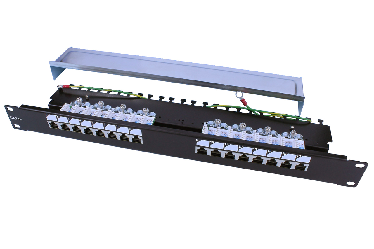 Патч-панель в шкаф 19" 1U, порты: 16 x RJ-45, экранированная, органайзер, черный, Hyperline (PP3-19-16-8P8C-C5E-SH-110D)