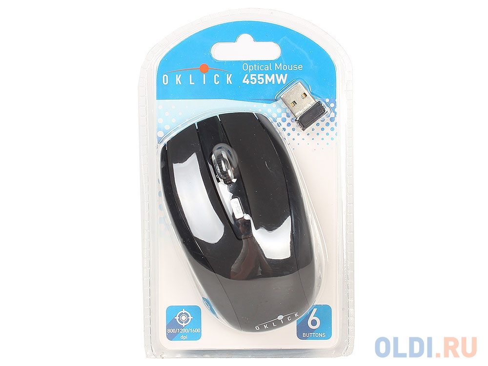 Мышь Oklick 455MW black optical (1600dpi) cordless USB (5but)