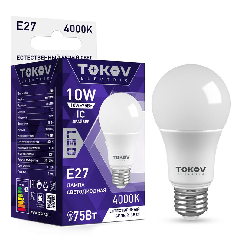 Лампа светодиодная E27 груша/A60, 12Вт, 4000K-4000K / белый, 750лм, TOKOV ELECTRIC (TKE-A60-E27-10-4K)