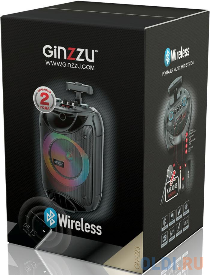 Ginzzu GM-223 {(V5.0), 40Вт, 150Гц- 18кГц, USB-flash, microSD-card, FM-радио, пульт ДУ,  батарея 3,6В/3600мАч, эквалайзер}