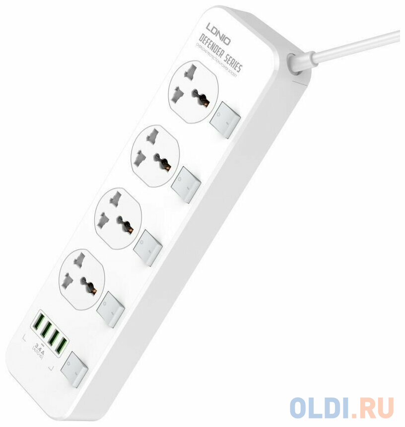 Perfeo LD_B4610  LDNIO SC4408/ Сетевой фильтр 2м/ 4  розетки EU_UK_US/ 2500W/ 4 USB/  Выключатели на розетки/ White