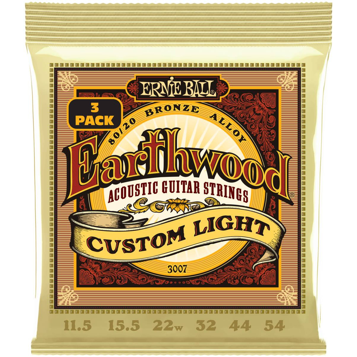 Струны ERNIE BALL 3007 Earthwood 80/20 Bronze Custom Light 3 Pack 11.5-54 для акустической гитары