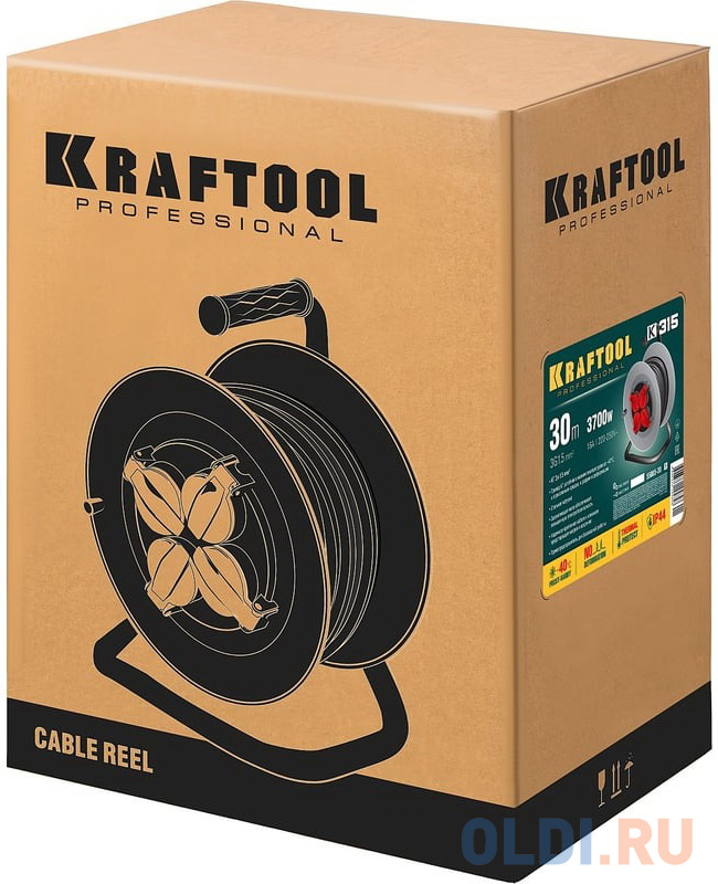 KRAFTOOL K-315, КГ, 3 x 1.5 мм2, 30 м, 3700 Вт, IP44, силовой удлинитель на стальной катушке (55085-30)