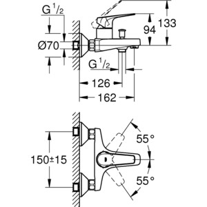 Смеситель для ванны Grohe BauFlow с душевым гарнитуром, хром (23601000, 27853001)