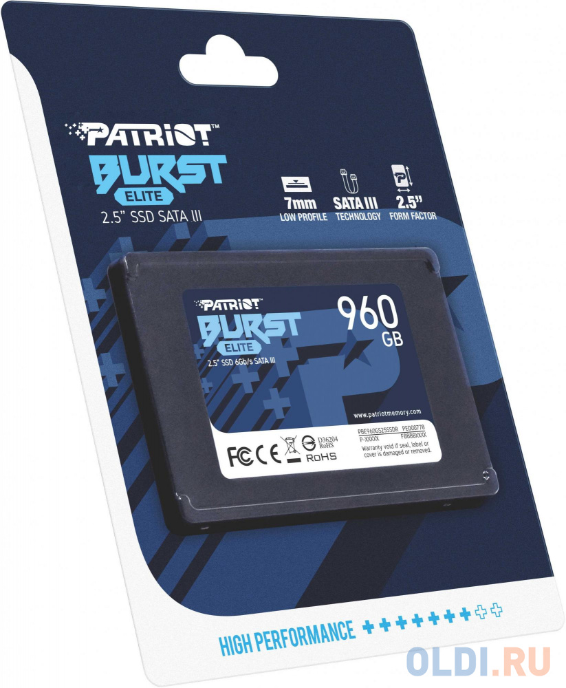 Твердотельный накопитель SSD 2.5" Patriot 960GB Burst Elite <PBE960GS25SSDR> (SATA3, up to 450/320Mbs, 800TBW, 7mm)