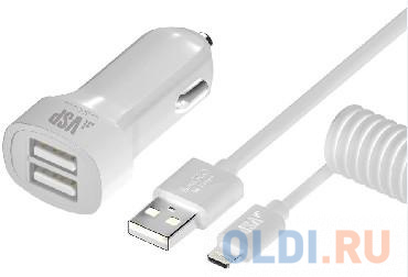 Автомобильное зарядное устройство BoraSCO 2 USB, 2,1A + витой дата-кабель 8pin, 2м (белый)