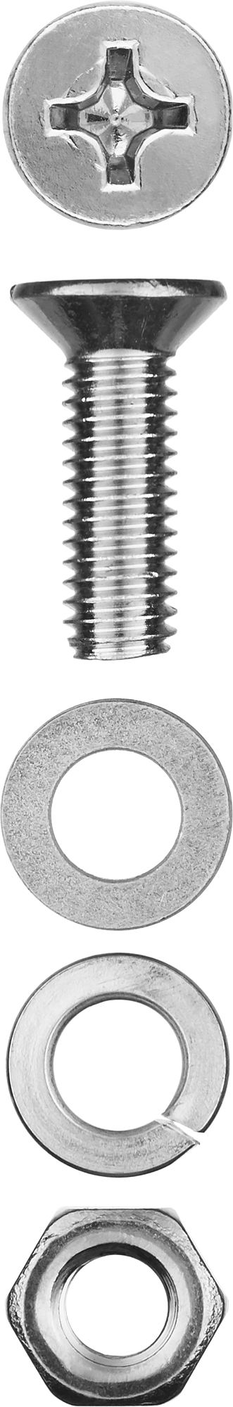 Винт (DIN965) с потайной головкой в комплекте с гайкой (DIN934), шайбой (DIN125), шайбой пруж. (DIN127) Зубр 303456-06-016, М6, 1.6 см, 965 DIN, 6 мм, оцинкованная сталь, 12 шт., фасовка (303456-06-016)
