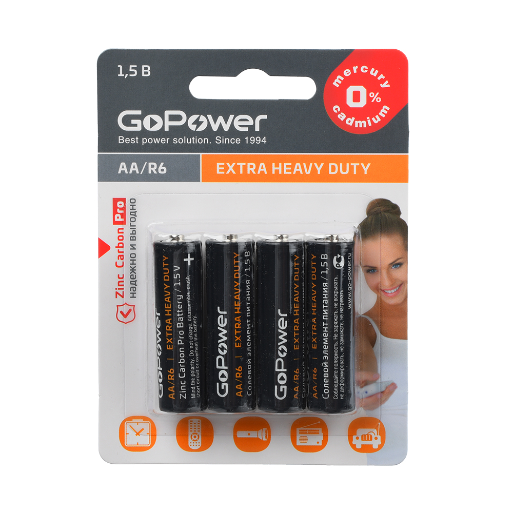 Батарейка GoPower R6 AA BL4 Heavy Duty 1.5V (4/48/576) блистер (4 шт.)