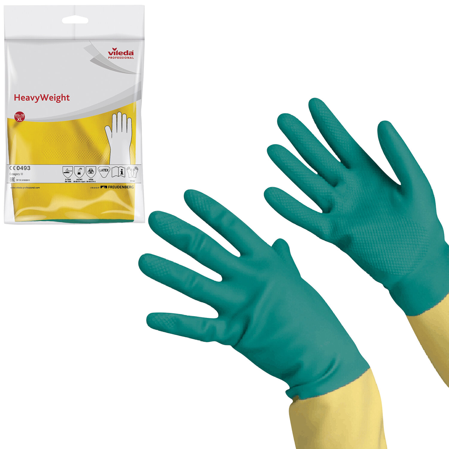 Перчатки хозяйственно-бытовые латексные, с х/б напылением, от химических воздействий, XL, зеленый, VILEDA (120270)