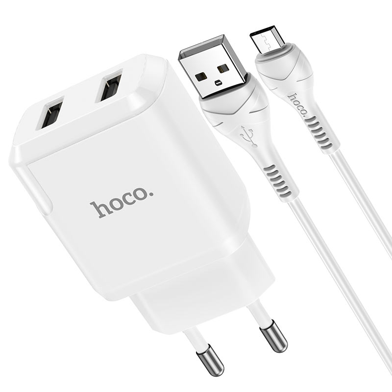 Сетевое зарядное устройство Hoco N7 Speedy, 2USB, 2.1A, белый (6931474740595), кабель microUSB