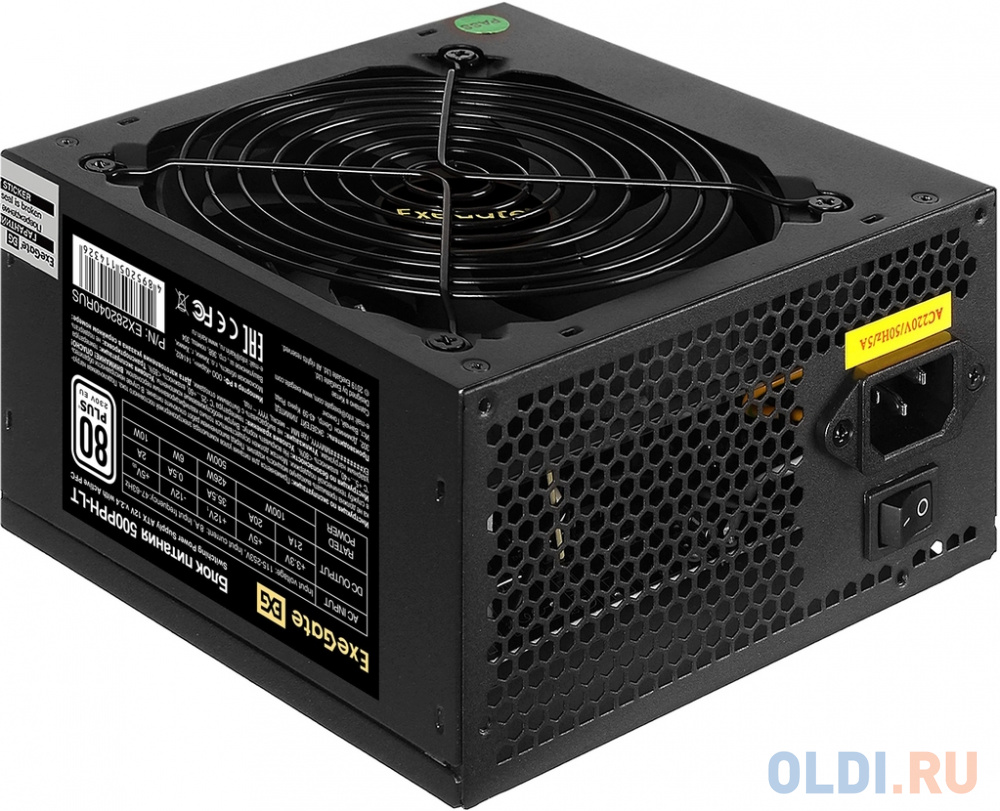 Блок питания 500W ExeGate 80 PLUS® 500PPH-LT-S-OEM (ATX, APFC, КПД 82% (80 PLUS)SC, 12cm fan, 24pin, (4+4)pin, PCIe, 5xSATA, 3xIDE, кабель 220V с защи