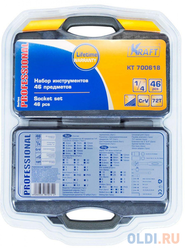 Набор инструментов KRAFT КТ700618  1/4DR 46пр. пласт.кейс+ блистер