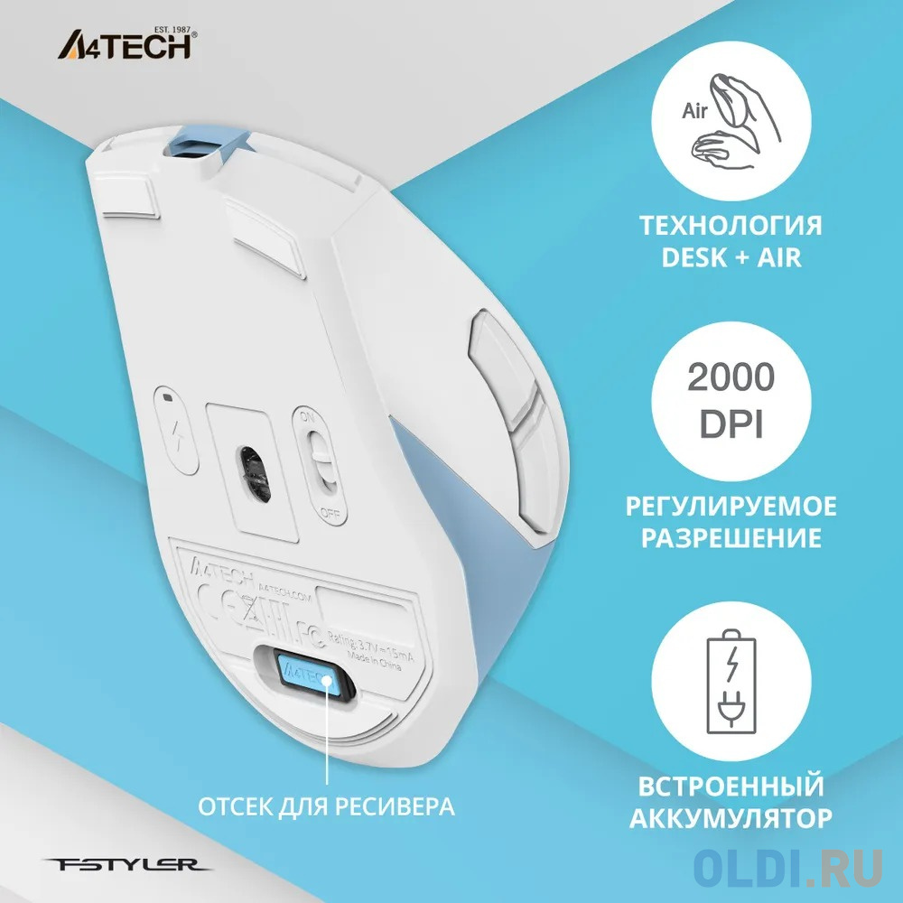 Мышь A4Tech Fstyler FG45CS Air2 голубой/белый оптическая (2000dpi) silent беспроводная USB для ноутбука (7but)