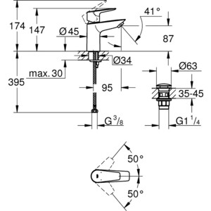 Смеситель для раковины Grohe BauEdge с донным клапаном Click-clack, хром (23896001) в Москвe