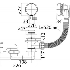 Слив-перелив BelBagno 520 мм полуавтомат для ванны, с гибкой трубой (CZR-STP1-01)