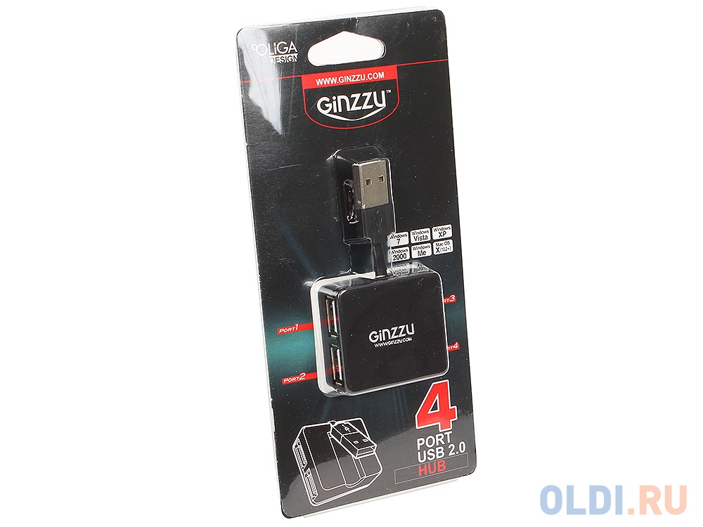 Концентратор USB 2.0 Ginzzu, 4 порта, черный (GR-414UB)