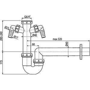 Сифон для кухонной мойки AlcaPlast с накидной гайкой 6/4'' и двумя штуцерами (A82-DN40)